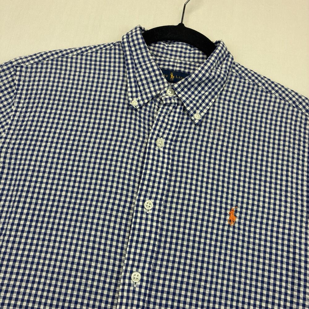 Ralph Lauren Dress Shirt Men’s Medium Blue White Seersucker Gingham Button Down
